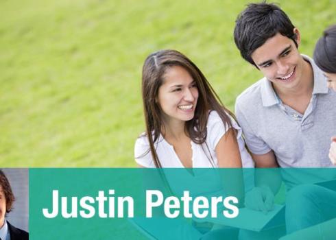 In the background, three seated college students interact in a field. Justin Peters headshot below.