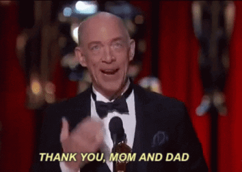 J.K. Simmons accepts the Best Supporting Actor Oscar for his performance in Whiplash with a "Thank you, Mom and Dad."