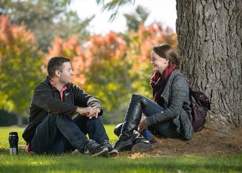Seated under a tree a man and a woman of college age talk