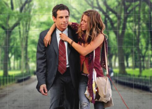 Bohemian Polly (Jennifer Anniston) loosens suited Reuben's (Ben Stiller) tie as they walk through a park. From Along Came Polly.