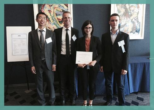 Photo of the Strickler Innovation awards winners after the award ceremony: Rui Jia, Martin Eling, Agnese Mineo and Mate Solymosi