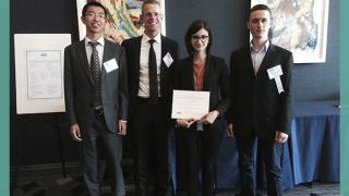 Photo of the Strickler Innovation awards winners after the award ceremony: Rui Jia, Martin Eling, Agnese Mineo and Mate Solymosi